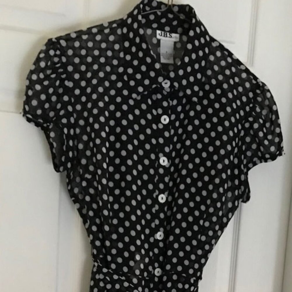 J. B. S. Ltd. Sheer Black & White Polka Dot Dress (with a black slip) Size 8